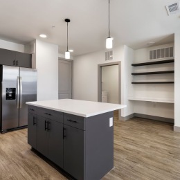 a kitchen with a large island