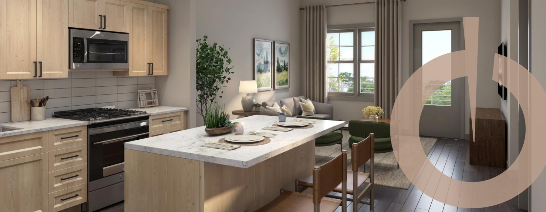 Kitchen with large island at LOCAL Dripping Springs apartments in Dripping Springs