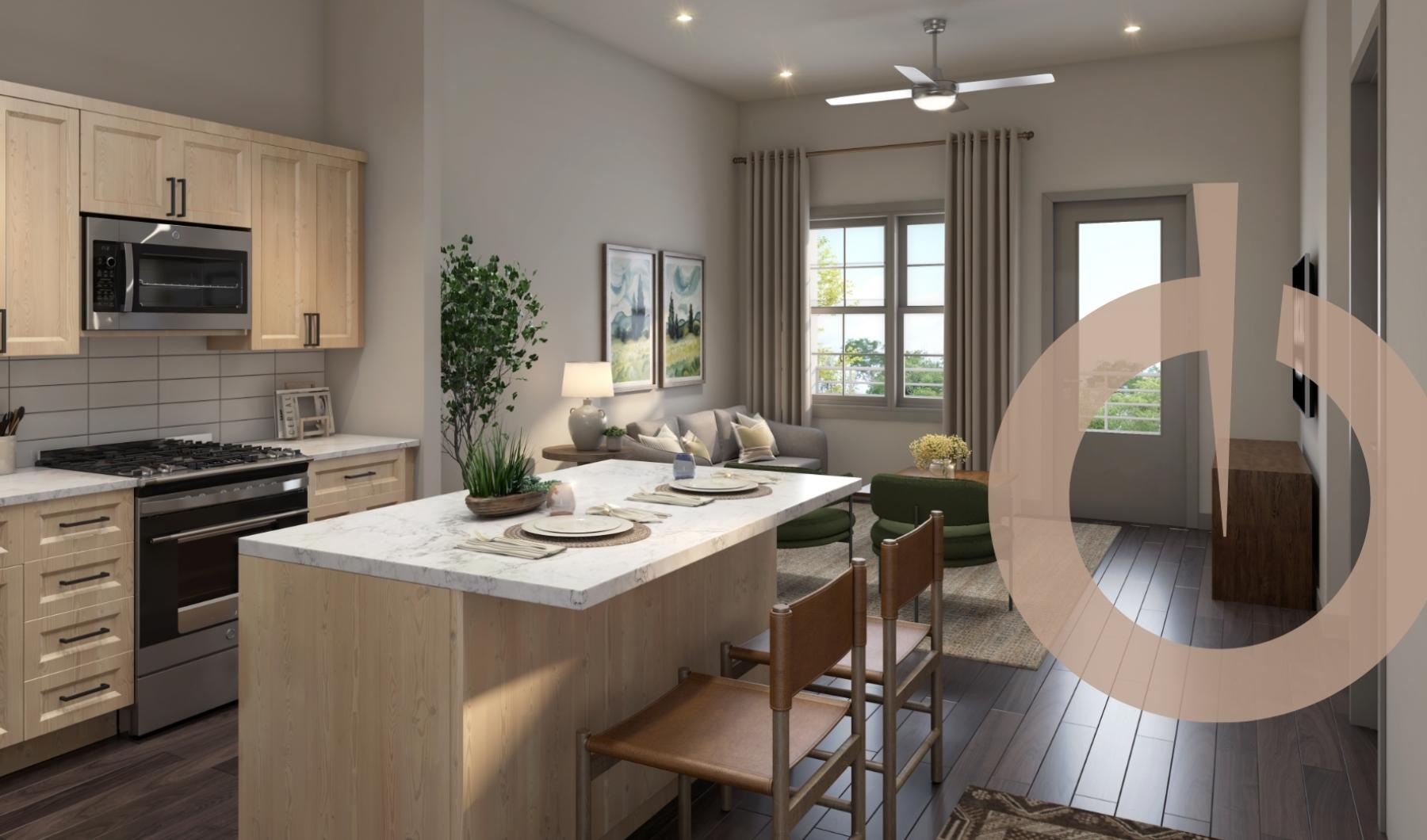 Kitchen with large island at LOCAL Dripping Springs apartments in Dripping Springs